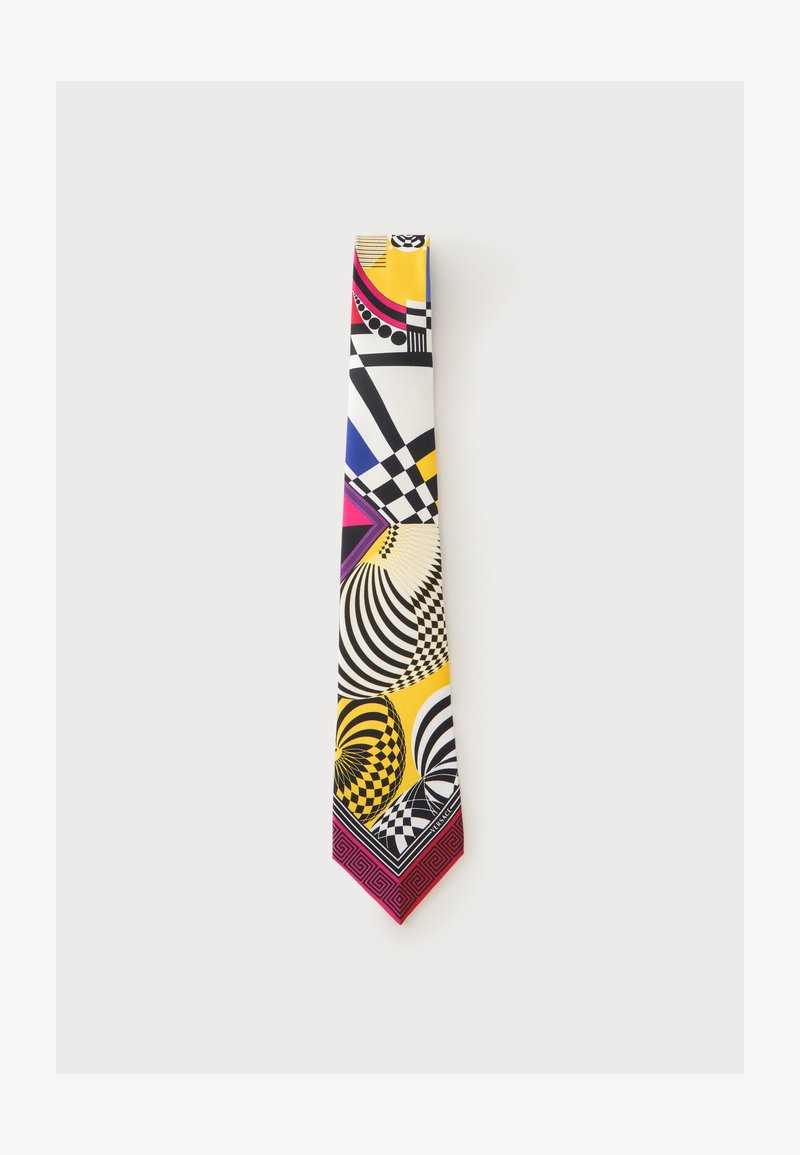 Cravate en soie avec des motifs géométriques audacieux en noir, blanc, jaune, bleu, rouge et rose, comprenant des motifs circulaires et à carreaux.