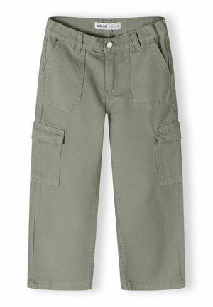 Pantalons cargo en coton verts avec une coupe droite, dotés de deux poches avant et de deux poches cargo sur les côtés. Fermeture à bouton métallique à la taille.