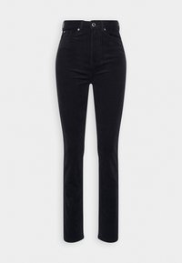 Svarta denimjeans med hög midja och rak benpassform, med en mjuk textur, fem fickor och en knappstängning vid midjan.