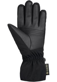 Black gloves made of textured leather and fabric, featuring a cinched wrist, three lines on the back of the hand, and a GORE-TEX tag.