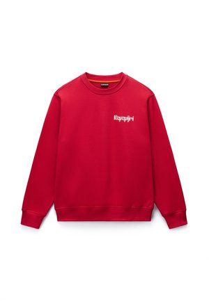 Red crewneck sweatshirt with long sleeves and white "Napapijri" logo on the left chest.