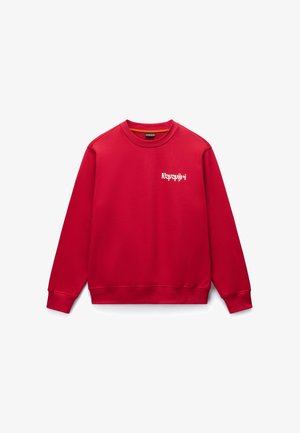 Sweat-shirt rouge col rond à manches longues avec le logo blanc "Napapijri" sur le côté gauche de la poitrine.