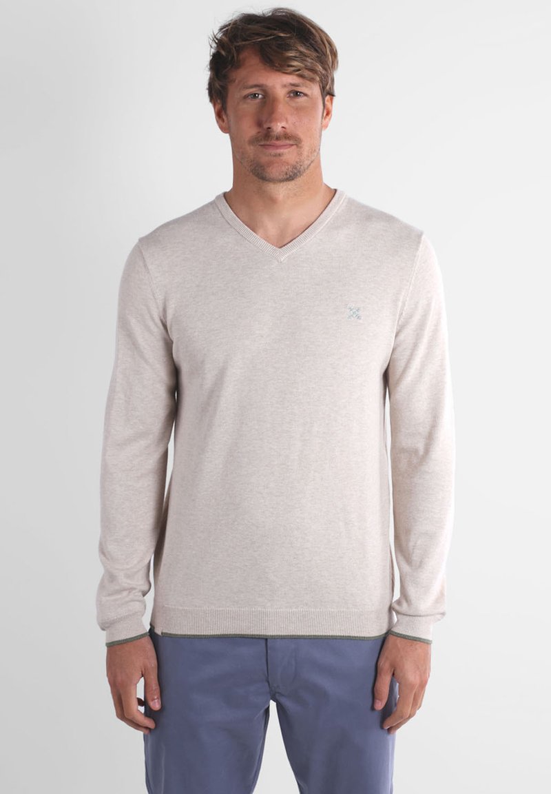 Pull beige à manches longues avec un col en V, fabriqué en tissu doux. Accents verts aux poignets et à l'ourlet. Logo subtil sur la poitrine.