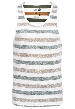 Débardeur rayé présentant des lignes horizontales blanches, vertes et marron. Fabriqué à partir d'un tissu doux et léger avec un col rond.