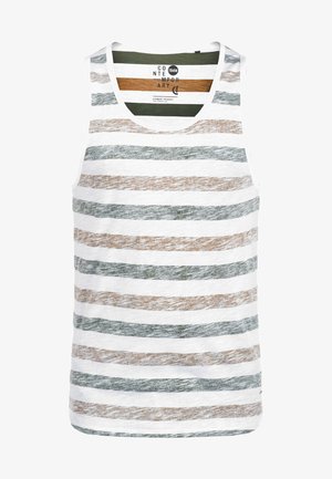 Randig linne med horisontella linjer i vitt, grönt och brunt. Tillverkat av ett mjukt, lätt tyg med rundad halsringning.