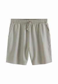 Pantalones cortos de color gris claro, fabricados en tela suave, con una cinturilla elástica y cordón ajustable, además de dos bolsillos laterales. Textura suave, corte a la altura de la rodilla.