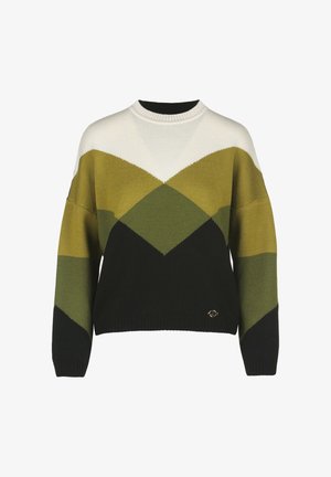 Pulover z geometrijskim vzorcem v temno zeleni, svetlo zeleni, beli in črni barvi. Ima krožni ovratnik in rebraste manšete. Mehak pleteni material.