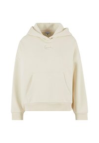 Cremefarbene Kapuzen sweatshirt aus weichem Stoff. Mit einer Fronttasche und dezentem gesticktem Logo. Bequeme Passform mit gerippten Bündchen und Saum.