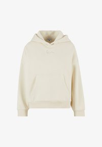 Sudadera con capucha de color crema, elaborada con un tejido suave. Cuenta con un bolsillo frontal y un logo bordado sutil. Corte relajado con puños y dobladillo acanalados.