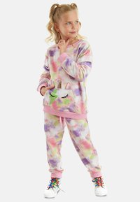 Mehrfarbiges Batik-Sweatshirt und Sweatpants-Set mit einer Einhorntasche und metallischen Details, weichem Material und gerippten Bündchen.