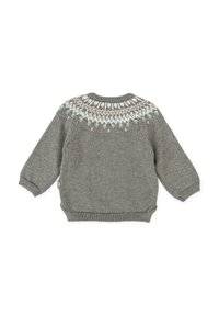 Suéter de punto gris con mangas largas, que presenta un colorido patrón Fair Isle alrededor del cuello y un dobladillo redondeado.