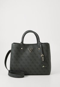 Černá texturovaná kabelka s dvojitými rukojetmi a odnímatelným popruhem. Má kovové doplňky ve zlaté barvě, trojúhelníkové logo a detail na táhlu zipu.