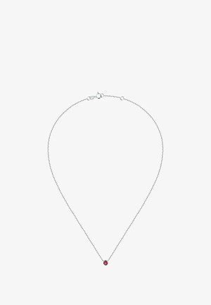 Silberkette mit einem zentralen runden rosa Edelstein. Die Kette hat ein zartes, verknüpftes Design mit einem Schlossverschluss.