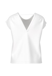 White short-sleeve top with a V-neck and an open back design. Smooth texture with a relaxed fit and minimal stitching details.