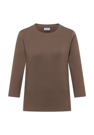 Braunes Langarm-T-Shirt aus Rippstoff, mit rundem Ausschnitt und geradem Schnitt. Keine sichtbaren Muster oder Verzierungen.