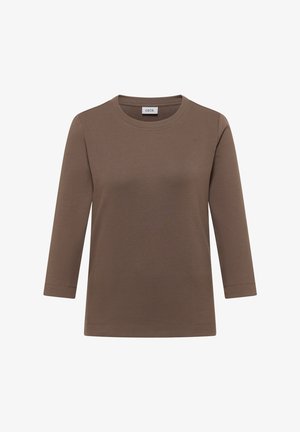 Brązowa koszulka z długim rękawem wykonana z prążkowanej tkaniny, z okrągłym dekoltem i prostym krojem. Bez widocznych wzorów ani ozdób.