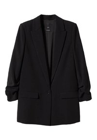 Blazer noir à un bouton, avec revers crantés, poches avant à rabat et manches longues légèrement froncées.