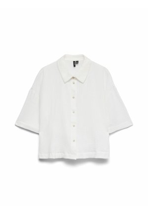 Witte tekstuur korte mouw blouse met knopen, brede mouwen en een puntige kraag, getoond op een effen witte achtergrond.