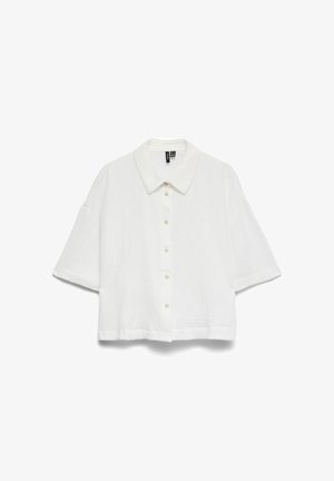 Witte tekstuur korte mouw blouse met knopen, brede mouwen en een puntige kraag, getoond op een effen witte achtergrond.