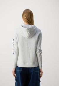 Sudadera con capucha de color gris claro, de manga larga y con un ribete acanalado en el dobladillo, que cuenta con capucha y detalle de texto en la manga izquierda.
