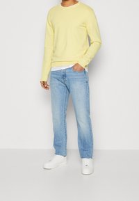 Hellgelbes Rundhals-Pullover mit langen Ärmeln, kombiniert mit hellblauen Jeans und weißen Turnschuhen. Keine sichtbaren Muster oder Akzente.