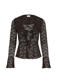Blouse noire en dentelle à manches longues avec motif floral, profond col en V, liens à nouer devant, taille cintrée et poignets évasés.