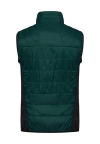 Grüner Puffer-Weste mit hohem Kragen, ausgestattet mit horizontalen Steppabschnitten und schwarzen seitlichen Einsätzen. Glatte Oberfläche, keine sichtbaren Beschläge oder Muster.
