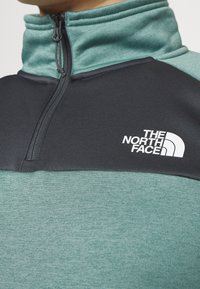 Primo piano di un pullover in pile a mezza zip verde e nero con il logo The North Face sul petto.