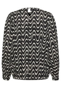 Schwarz-weiße Bluse mit langen Ärmeln, die ein wellenförmiges Muster aufweist, runden Ausschnitt hat und einen elastischen Saum sowie Knopfdetails an den Manschetten besitzt.