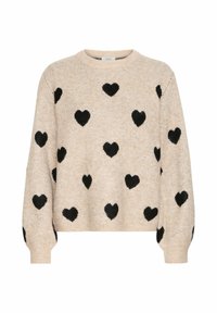 Beige Pullover mit rundem Ausschnitt, ausgestattet mit einem strukturierten Muster aus schwarzen Herzen. Rippenbündchen und Saum, gestrickter Stoff.