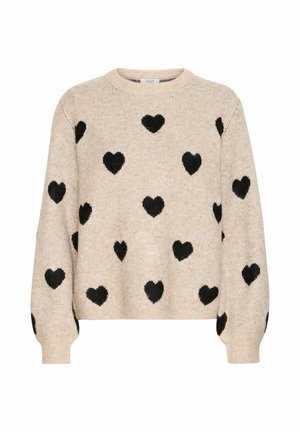 Jersey beige con cuello redondo, que presenta un patrón texturizado de corazones negros. Puños y dobladillo de canalé, tejido de punto.