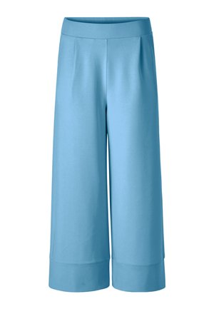 Light blue wide-leg cropped pants with a smooth waistband and cuffed hems, made from soft fabric.