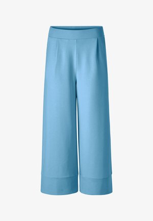 Light blue wide-leg cropped pants with a smooth waistband and cuffed hems, made from soft fabric.