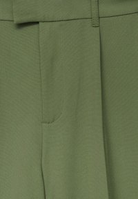 Olive green fabric pants featuring a smooth texture, side pocket detail, and neatly stitched seams with a tailored fit.