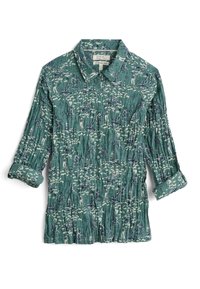 Camicia verde con bottoni, realizzata in tessuto strutturato, con un motivo nautico di navi e bussole in blu e bianco, maniche lunghe.