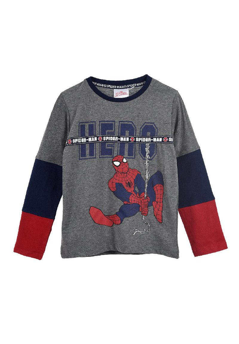 Graues Langarmshirt mit roten und marineblauen Ärmeln. Mit einem Spider-Man-Grafik und dem Text "HERO" auf der Vorderseite. Baumwollmaterial.