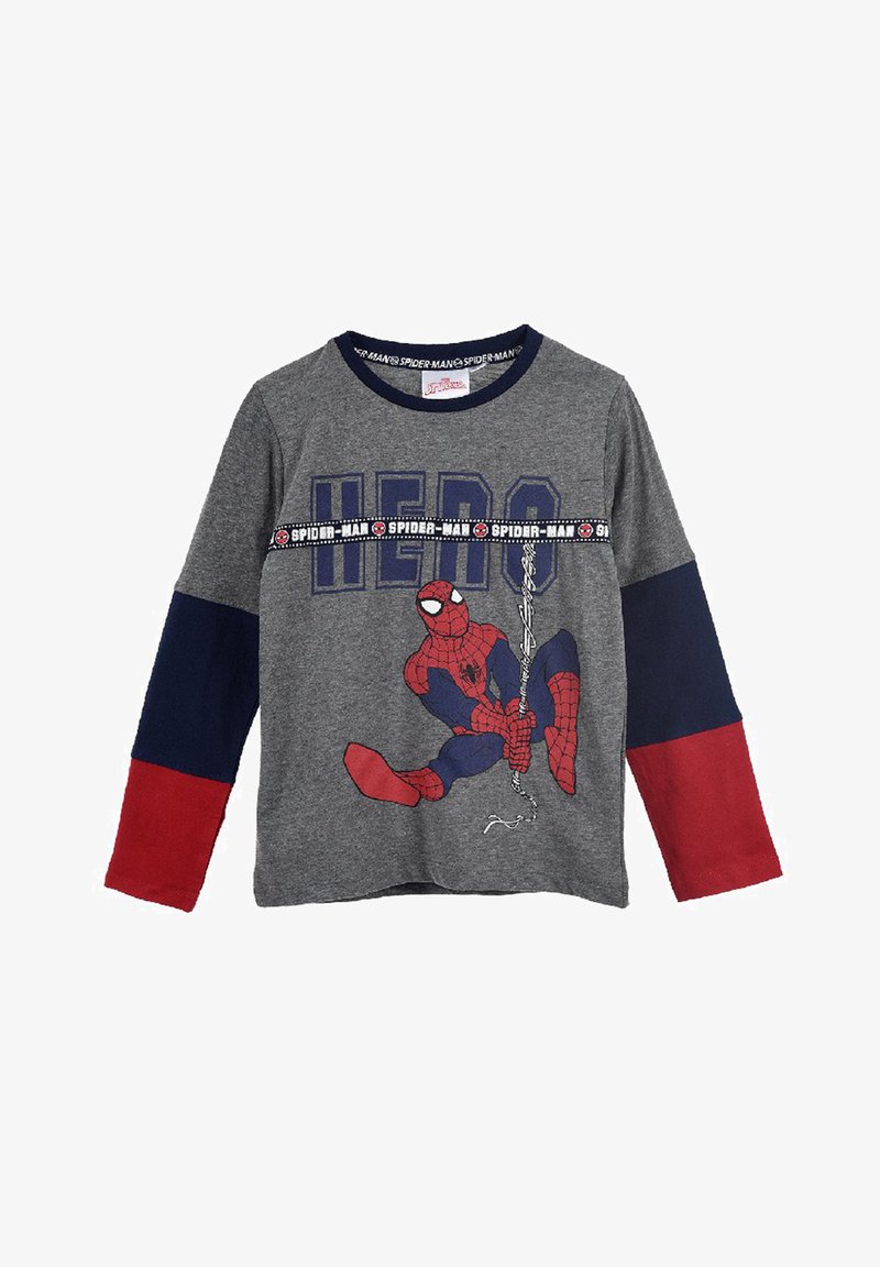 Graues Langarmshirt mit roten und marineblauen Ärmeln. Mit einem Spider-Man-Grafik und dem Text "HERO" auf der Vorderseite. Baumwollmaterial.