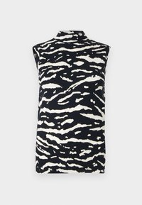 Ujjatlan felső fekete-fehér zebramintával. Magas nyakrésszel és sima tapintású anyagból készült. Kényelmes, sokoldalú viseletre tervezve.