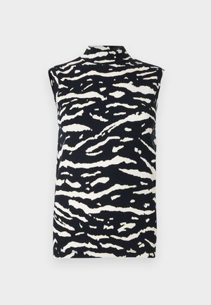 Varrukateta topp musta-valge sebra mustriga. Omadused: kõrge kaelus ja sileda tekstuuriga kangas. Vabaaja disain mitmekülgseks kandmiseks.