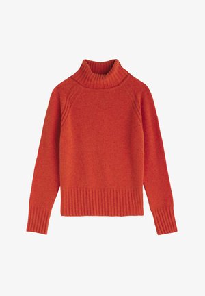 Heldere oranje lange mouwen wollen trui met geribde col, manchetten en zoom, plat weergegeven op een witte achtergrond.