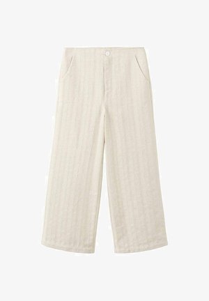 Cremefarbene Hosen mit weitem Bein, dezenten vertikalen Strukturstreifen, vorderer Knopfleiste und Seitentaschen.
