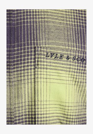 Plaid fabric in green and purple, with a smooth texture. Features a pocket and embroidered "LYLE & SCOTT" logo in dark thread.