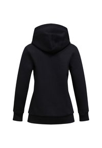 Schwarzer Kapuzenpullover mit Kängurutasche, gerippten Bündchen und Saum. Hergestellt aus weichem Stoff mit einer glatten Textur und lässiger Passform.