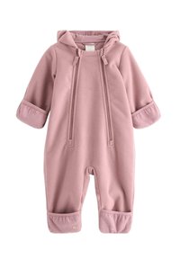 Rosa Fleece-Einteilers mit Kapuze, elastischen Bündchen und dekorativen Knöpfen an den Knöcheln. Weicher Stoff und verstellbare Kordeln.