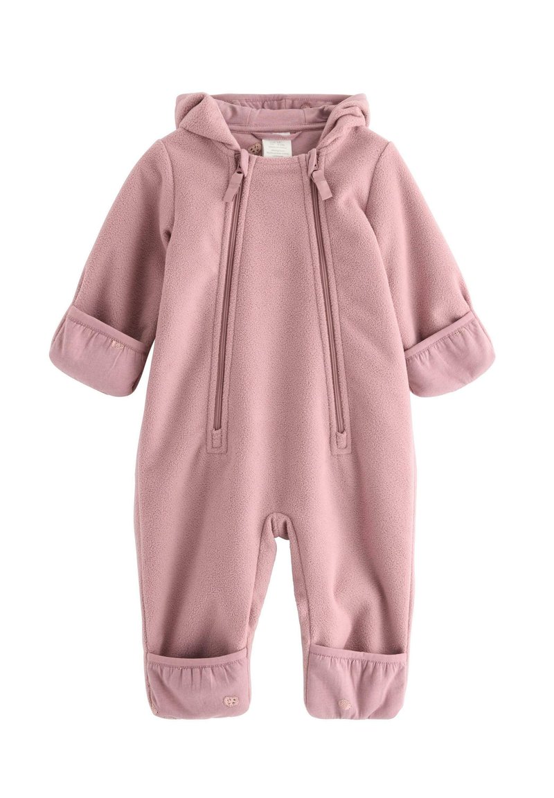 Rosa Fleece-Einteilers mit Kapuze, elastischen Bündchen und dekorativen Knöpfen an den Knöcheln. Weicher Stoff und verstellbare Kordeln.