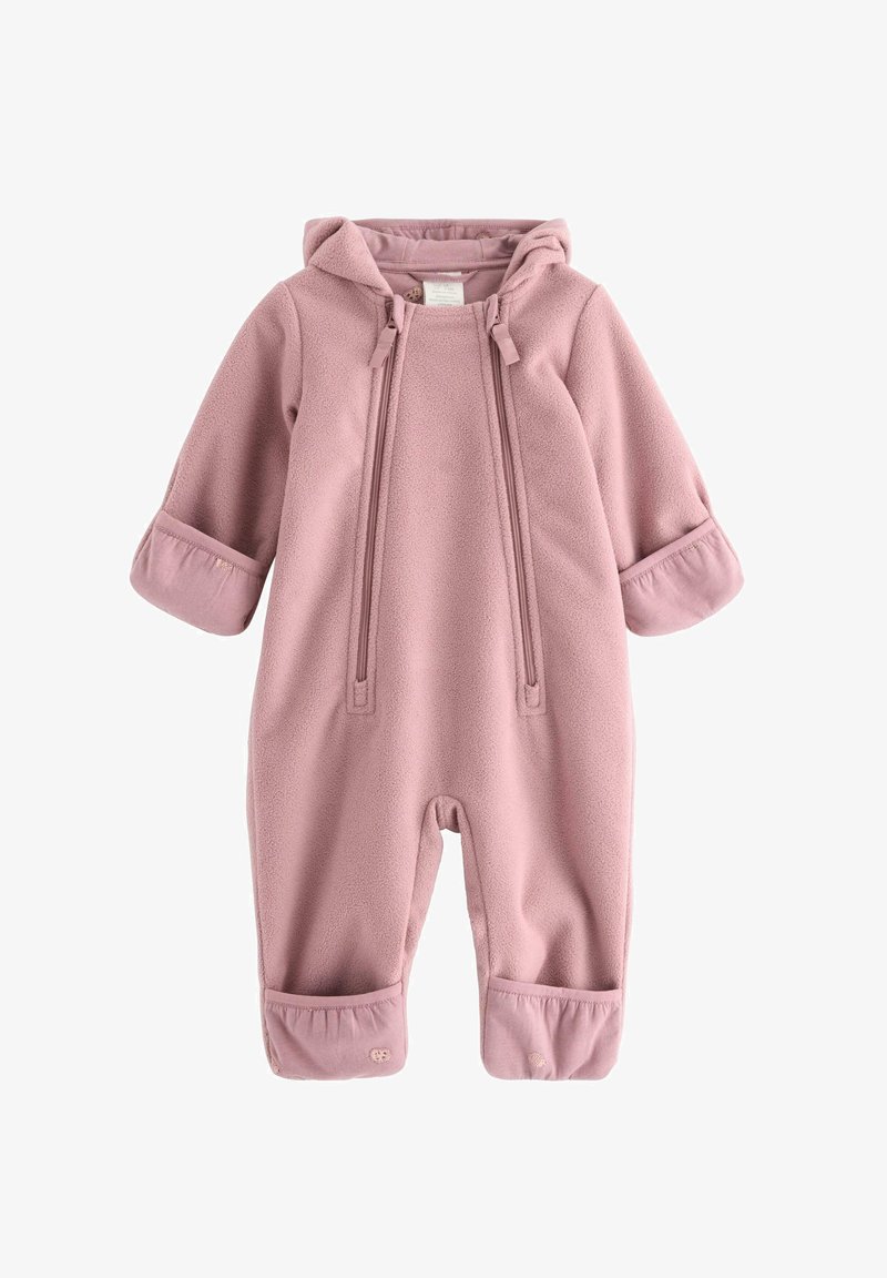Rosa Fleece-Einteilers mit Kapuze, elastischen Bündchen und dekorativen Knöpfen an den Knöcheln. Weicher Stoff und verstellbare Kordeln.