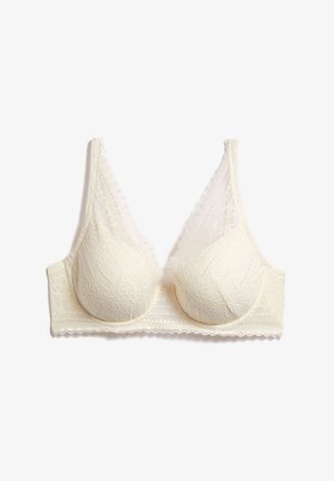 Cremefarbener Spitzen-BH mit Unterwäsche, breiten Spitzen-Trägern und gezackten Kanten, entworfen für Halt und dekorative Wirkung.