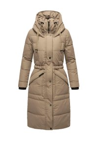 Beige gewatteerde jas met capuchon, trekkoord, ritsluiting, elastische manchetten, twee zijzakken en een ceintuur voor een verstelbare pasvorm.