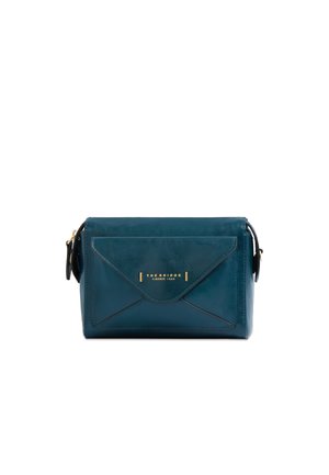 Rechteckige Leder-Crossbodytasche in Türkisblau mit Frontklappfach und goldenem "The Bridge Firenze 1969" Logo-Detail.