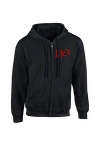 Felpa nera con zip realizzata in cotone, dotata di tasca frontale, cappuccio con cordino e logo rosso "SLAYER" stampato sul lato sinistro.